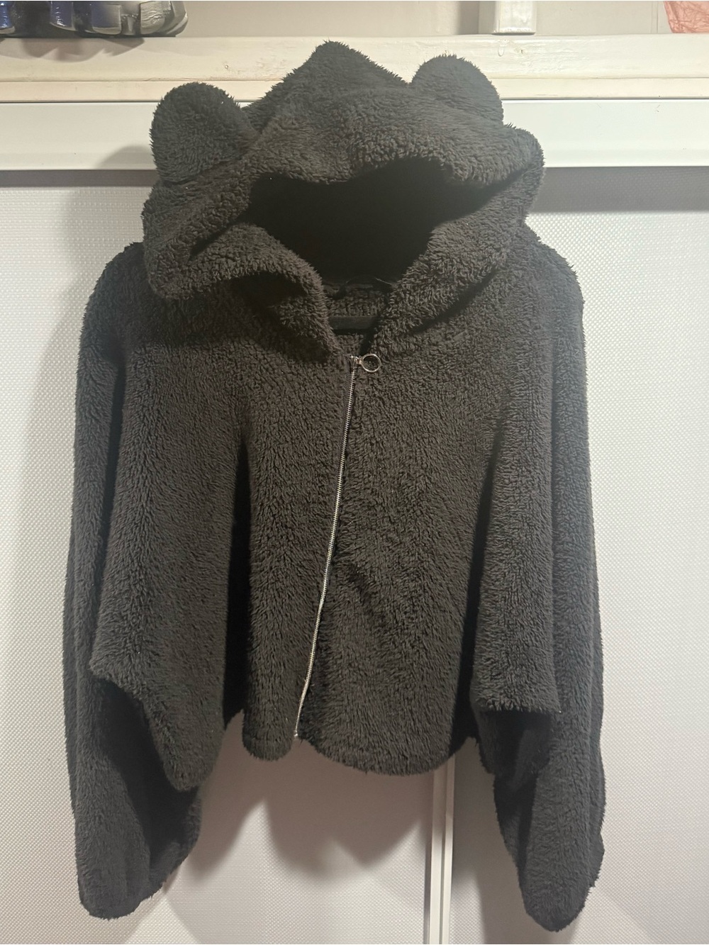 Plush Bear-Ear Hooded Cape Jacket - Dark Brown
